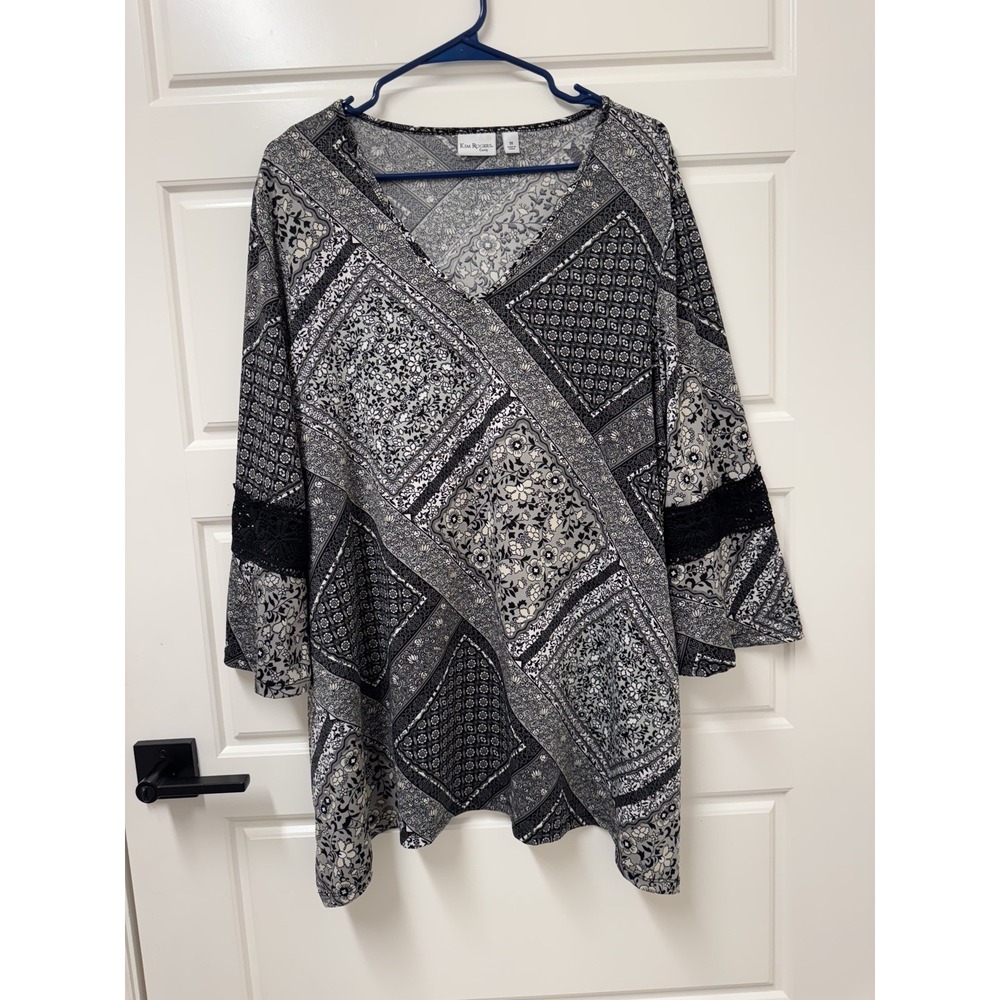 Kim Rogers Curvy Black Gray Flared Sleeves Tunic Blouse 1X Lace Trim Pullover